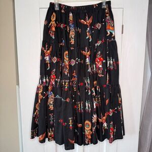 Tucson Navajo Maxi Skirt Southwestern Black Cotton Kachina Print Tiered OSFA USA